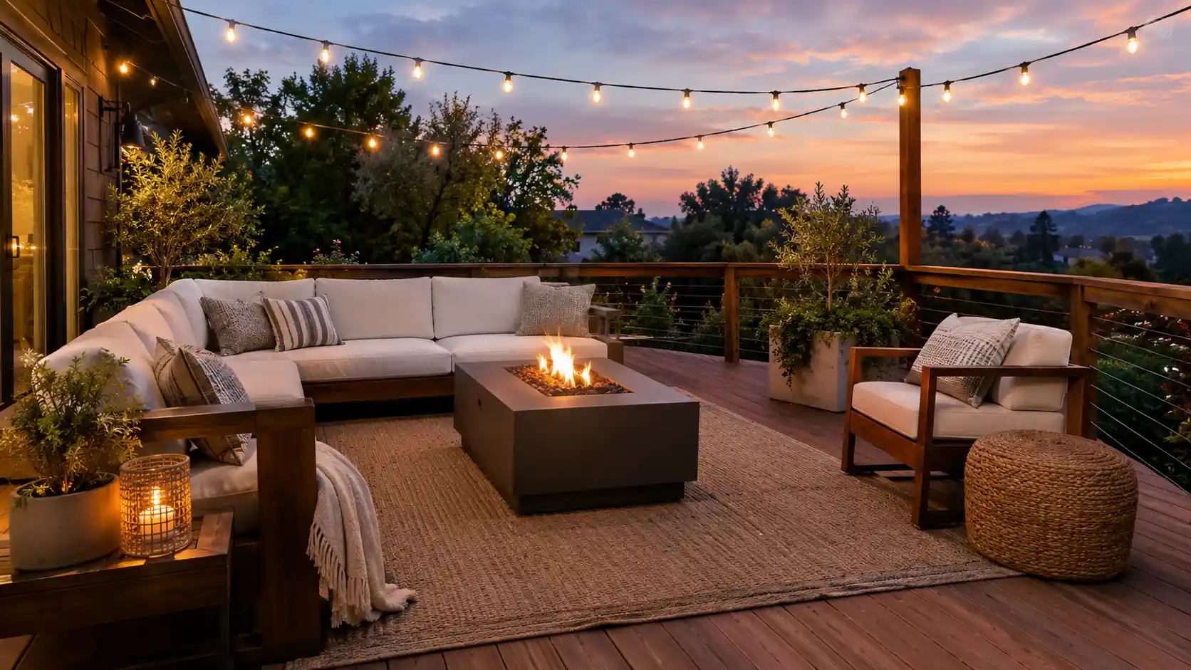 A beautifully styled wooden backyard deck featuring modern deck decorating ideas, including ambient string lights, a fire pit, and modular wooden seating.