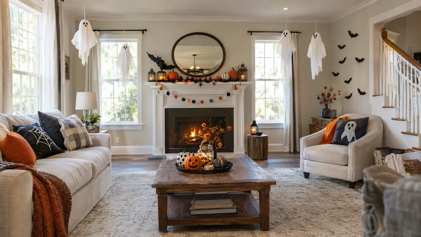 Budget Halloween decor DIY ideas featuring pumpkins, ghosts, paper bats, lanterns, and festive living room decorations