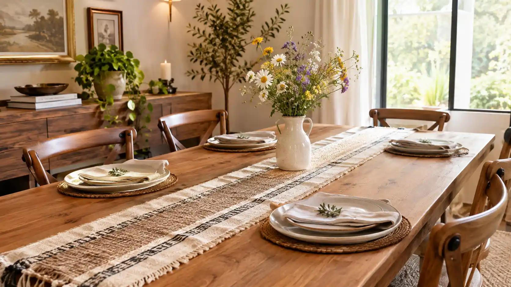 A beautifully styled dining room table featuring custom DIY table runner ideas with a mix of rustic and modern textures.