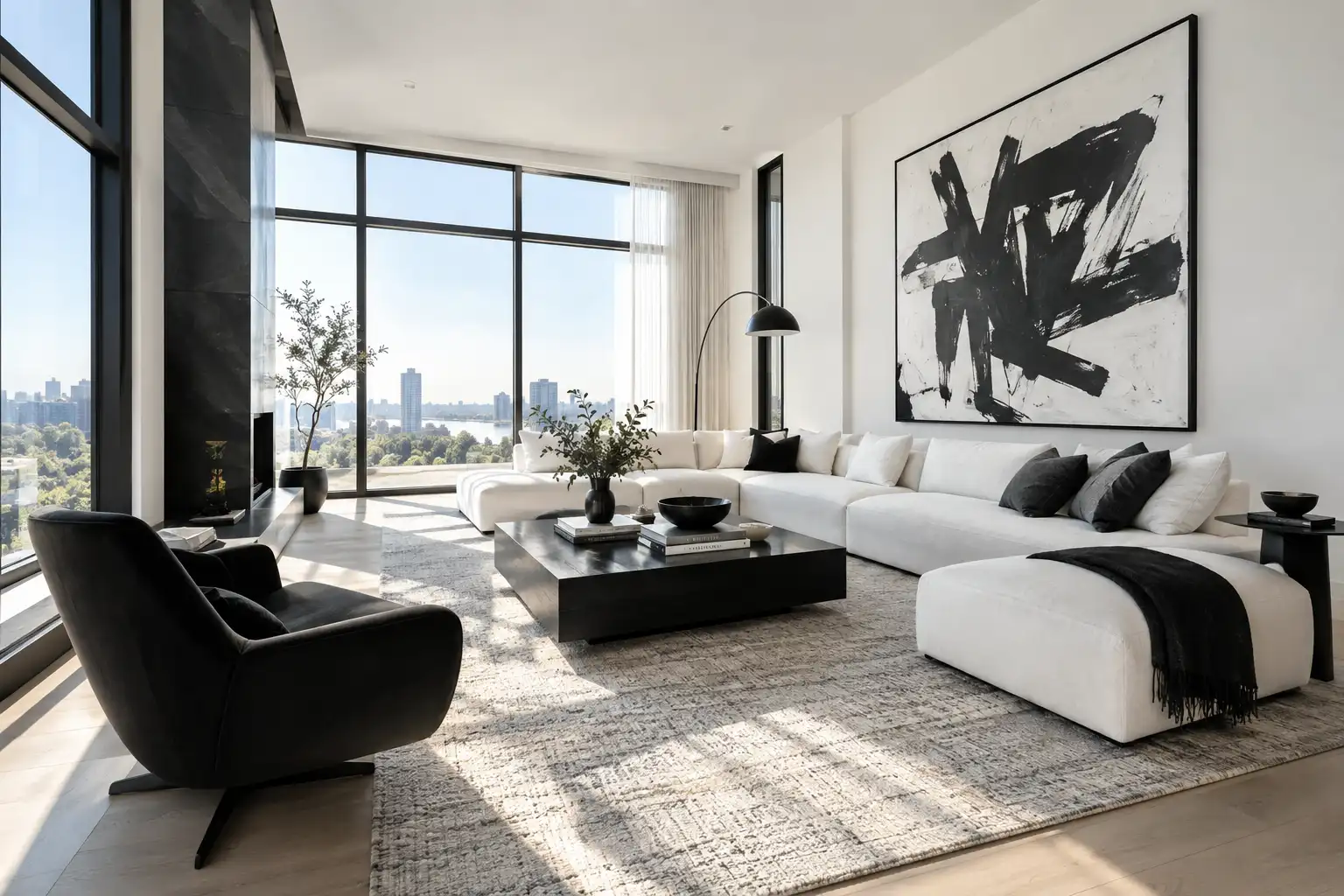 A bright modern black and white living room featuring a crisp white sofa, a matte black accent chair, and large windows.