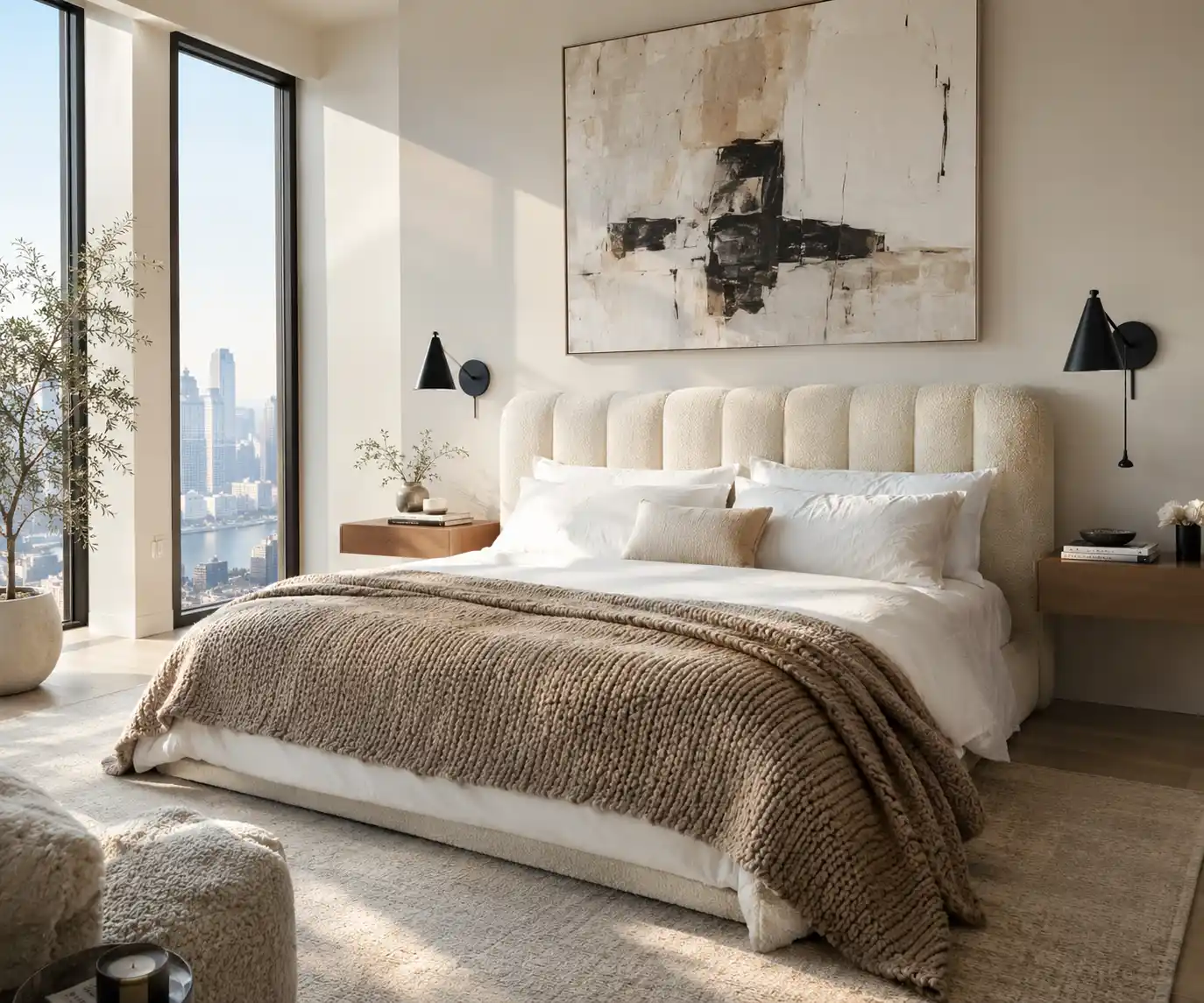 A bright modern bedroom decor idea featuring a large upholstered bed, neutral tones, floating nightstands, and ample natural daylight.