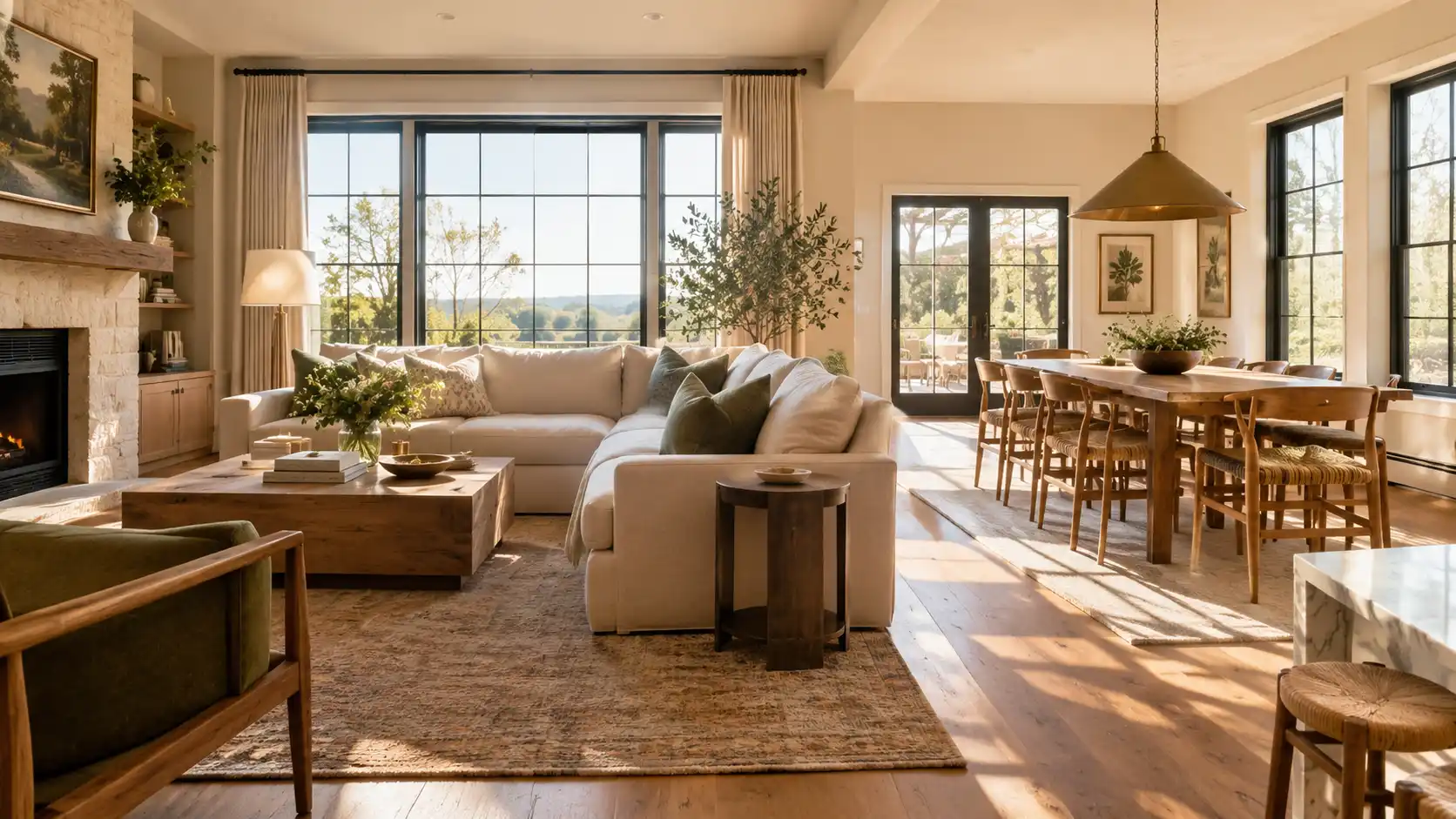 A beautifully styled cohesive home interior demonstrating how to pull your interior spaces together with connected living and dining rooms.