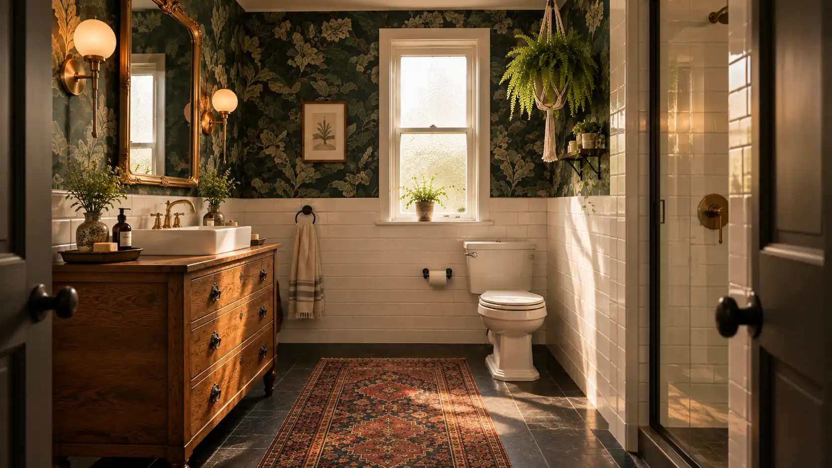 A luxury spa-like bathroom featuring eclectic bathroom ideas, including a vintage oak vanity, botanical wallpaper, and a Persian rug.