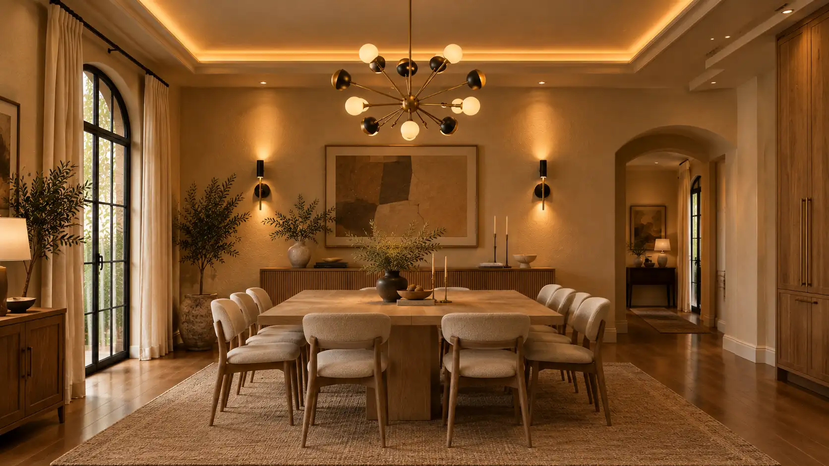 Modern dining room showcasing layered dining room lighting ideas with a central brass chandelier and warm wall sconces