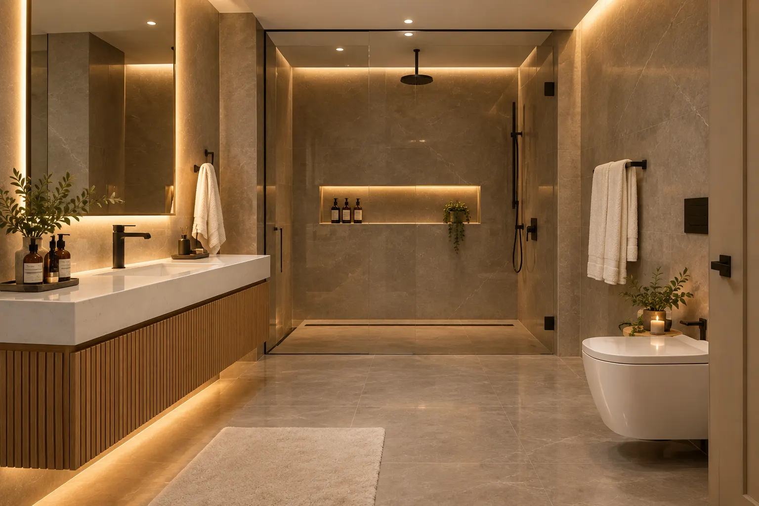 A modern luxury guest bathroom featuring a floating oak vanity, seamless walk-in shower, and matte black hardware showcasing hotel-inspired guest bathroom ideas.