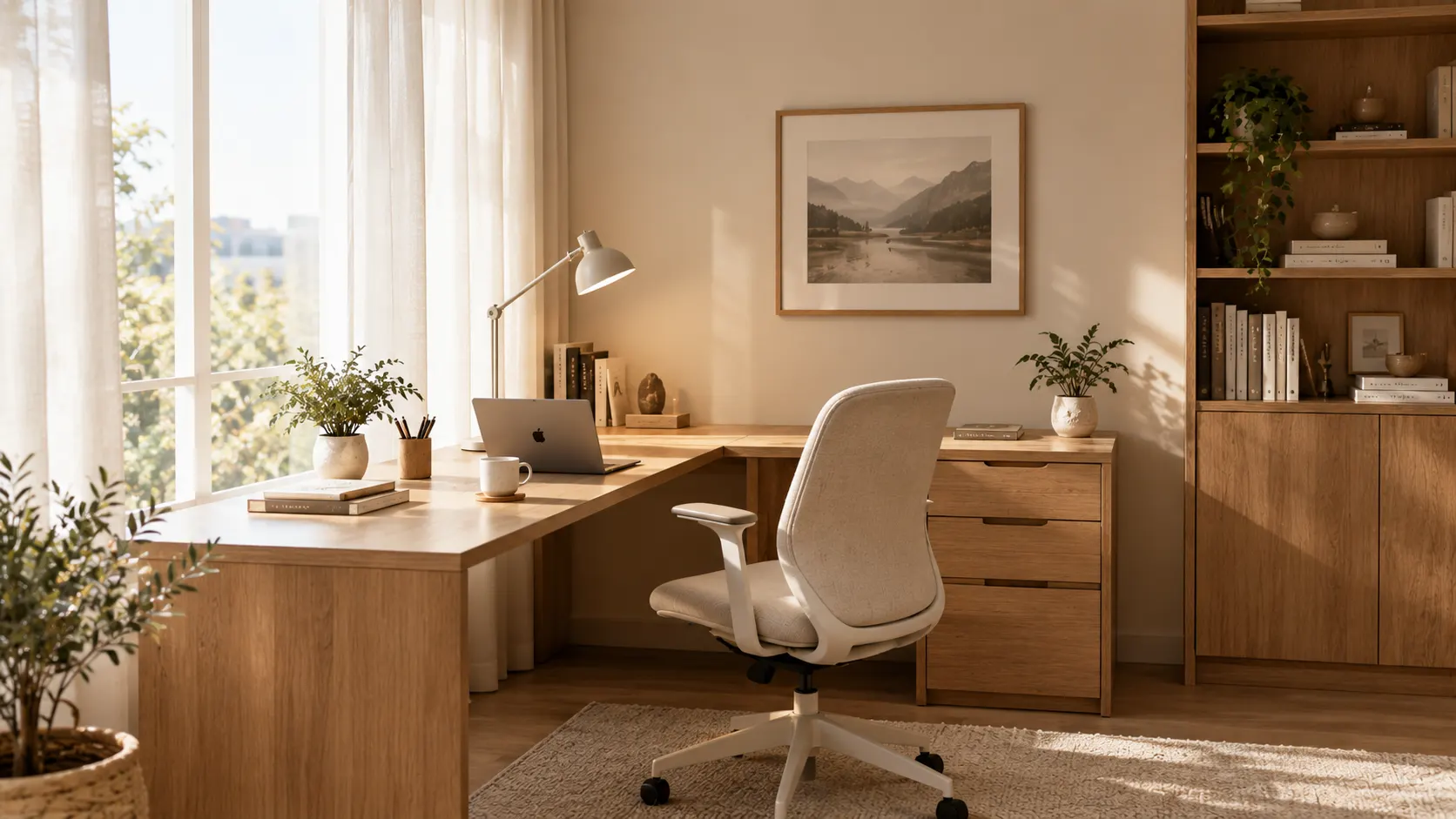 Side-angle view of a modern home office desk utilizing natural sunlight and proper lighting ideas