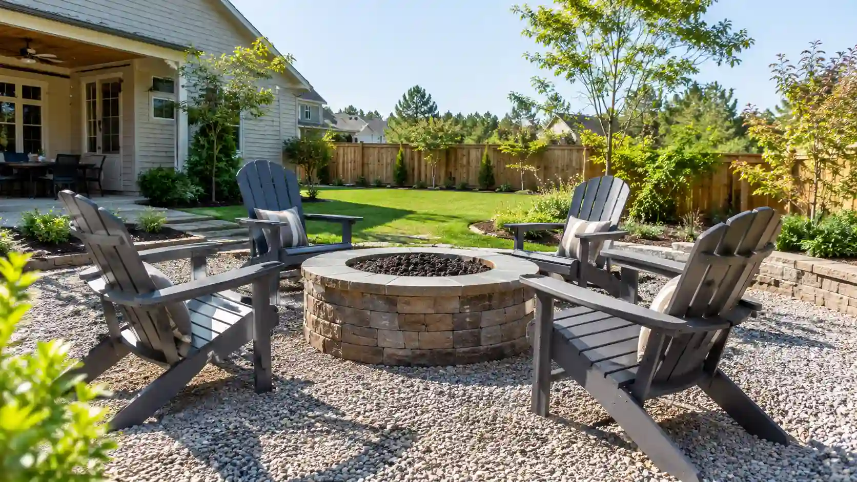 A beautifully styled American backyard featuring a custom DIY stone fire pit surrounded by Adirondack chairs on a gravel patio at twilight.
