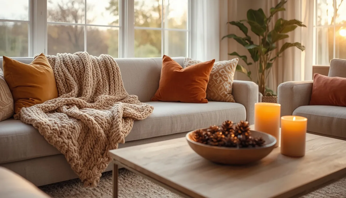A modern living room styled with cozy fall living room decor, featuring warm ambient lighting, chunky knit blankets, and earthy autumn accents.
