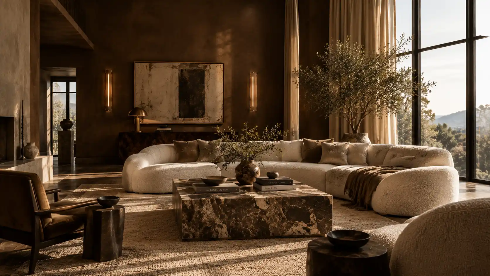 Modern luxury living room featuring 2026 interior design trends with chocolate brown walls, a curved cream boucle sofa, and a heavy marble coffee table.