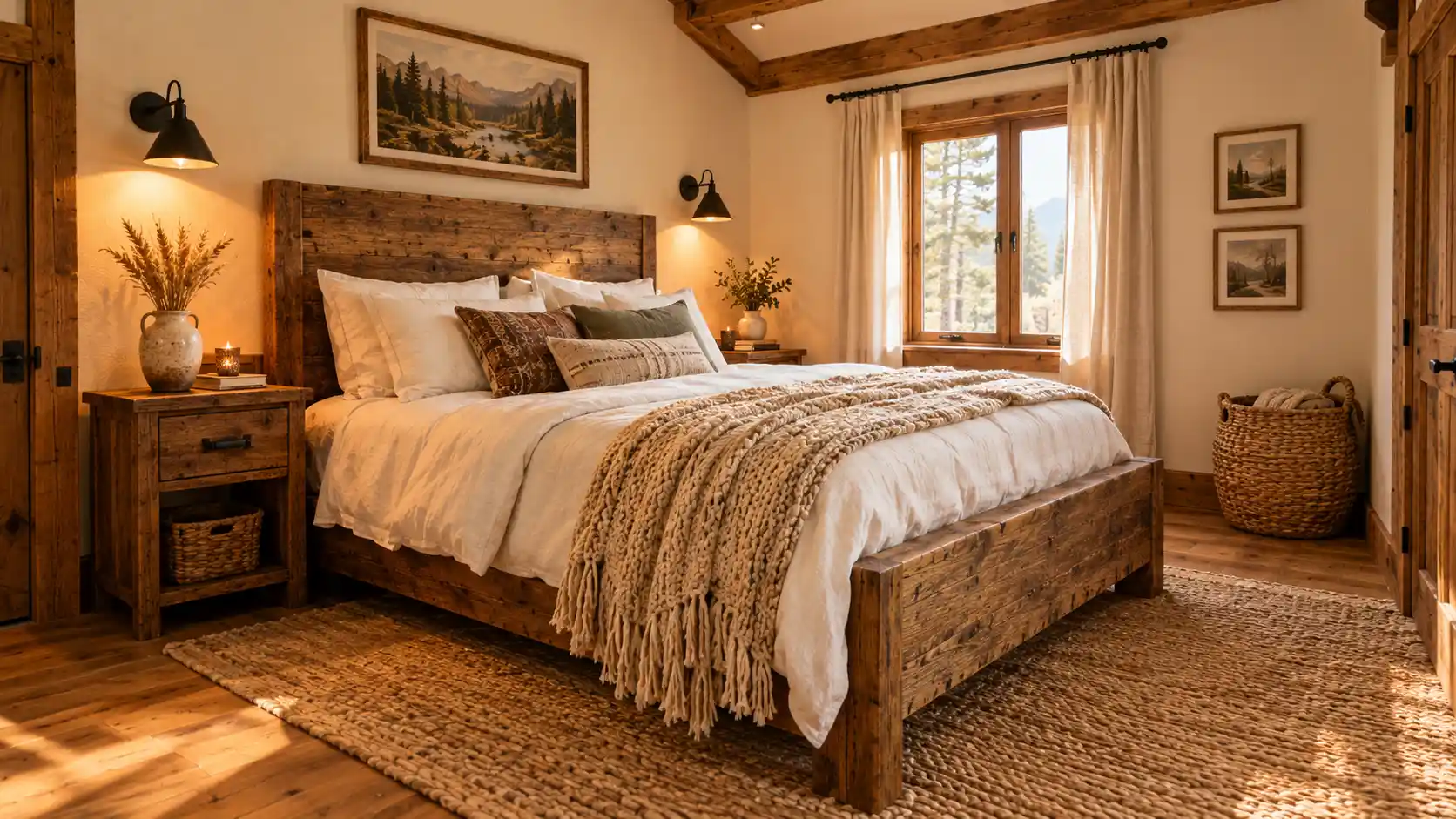A cozy rustic bedroom featuring a reclaimed wood headboard, chunky wool blanket, jute rug, and matte black iron wall sconces.