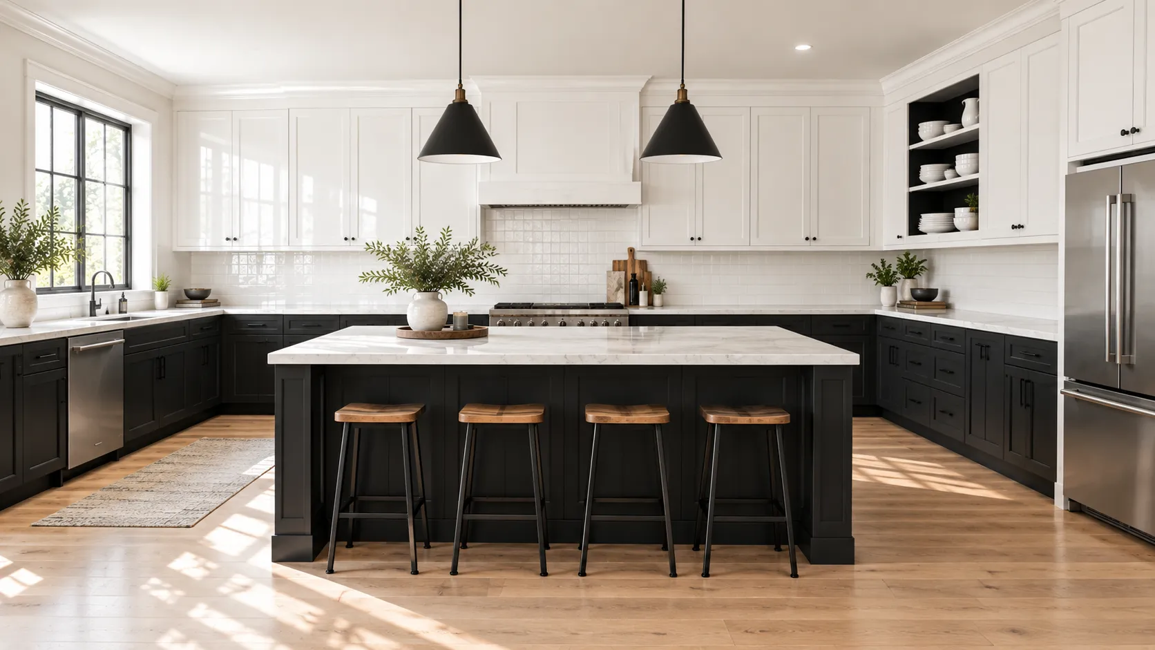 A luxurious modern kitchen featuring two-tone black and white kitchen cabinets, a white marble countertop, and light oak wood floors.
