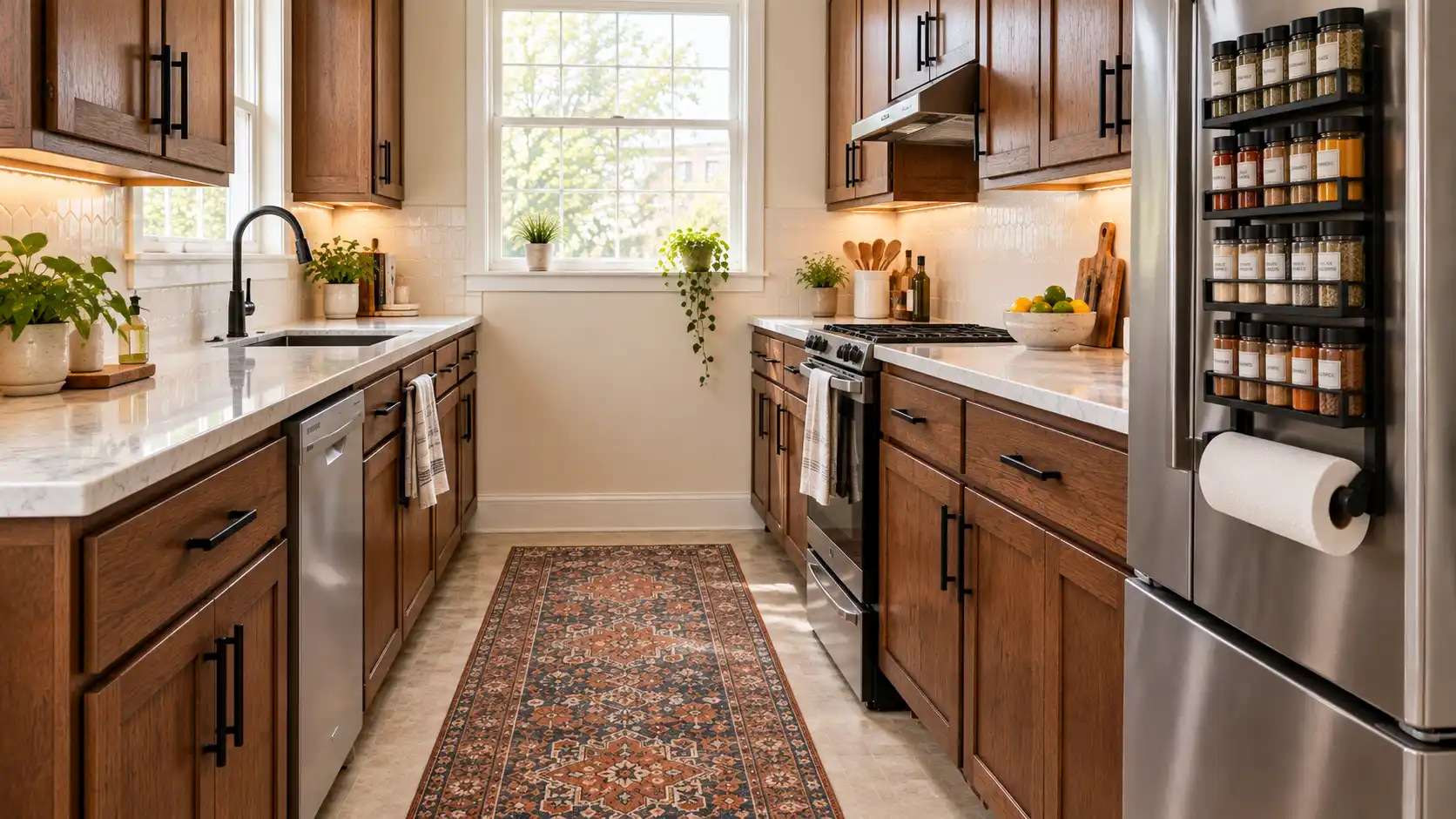 6 actionable rental kitchen ideas to upgrade your space without losing your deposit, including peel-and-stick backsplash, faux marble countertops, black cabinet hardware, LED lighting, rugs, and magnetic storage.