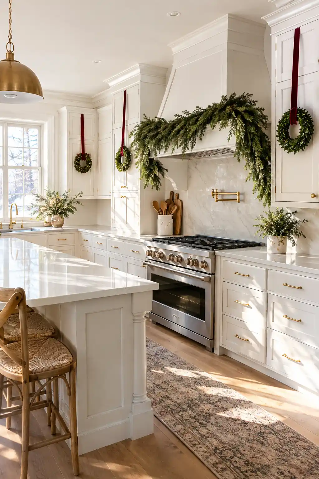 Elegant Christmas Kitchen Decor ideas featuring miniature wreaths on white cabinets and a cedar garland over the stove with clear countertops.