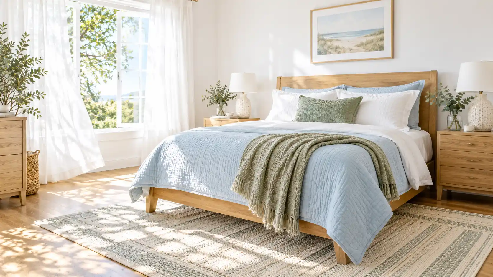 Bright and airy spring bedroom decor featuring a light blue cotton quilt, sage green pillows, sheer white curtains, and fresh eucalyptus on a warm oak nightstand.