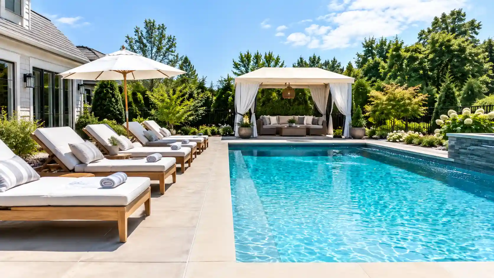A luxurious American backyard featuring a pristine swimming pool surrounded by matching teak chaise lounges and a modern shaded cabana in bright daylight.
