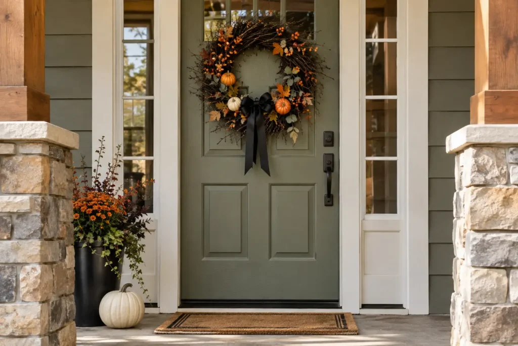 Small front porch Halloween decor with a festive Halloween wreath and pumpkins