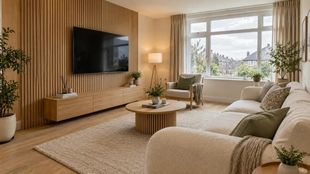 Scandinavian living room with a natural wood slat TV feature wall