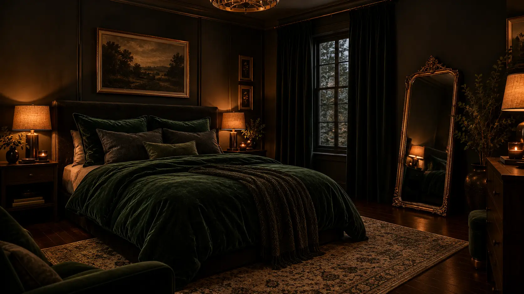 A cozy dark retreat featuring deep charcoal walls and forest green velvet bedding, showcasing moody bedroom ideas with warm amber lighting