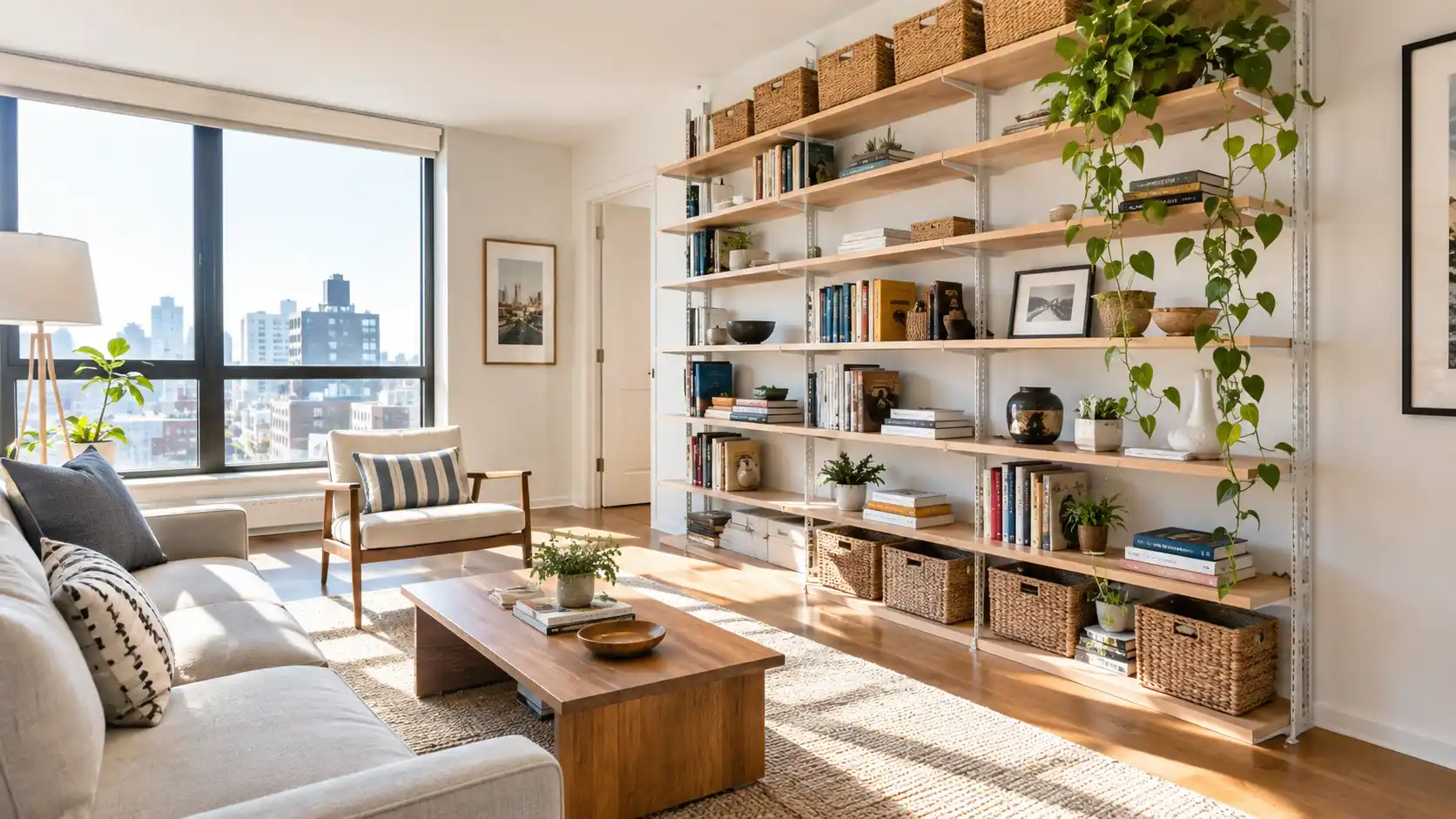A beautifully organized small American apartment living room featuring a floor-to-ceiling modular shelving unit in bright natural daylight.