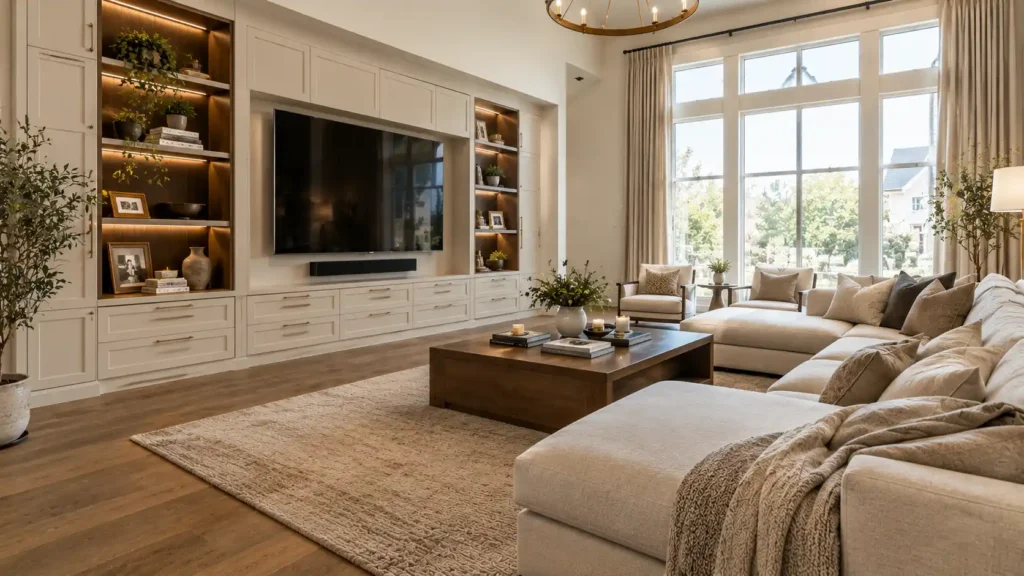 Built-in TV media wall with custom storage cabinets in a modern living room