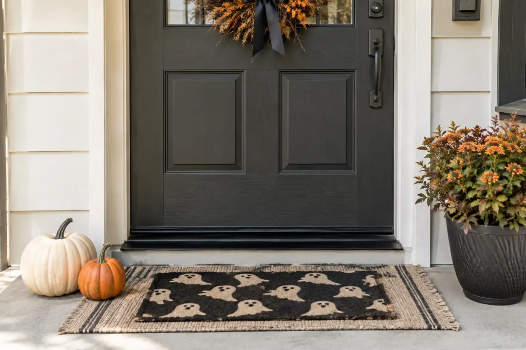 Small front porch Halloween decor with a spooky doormat and pumpkins