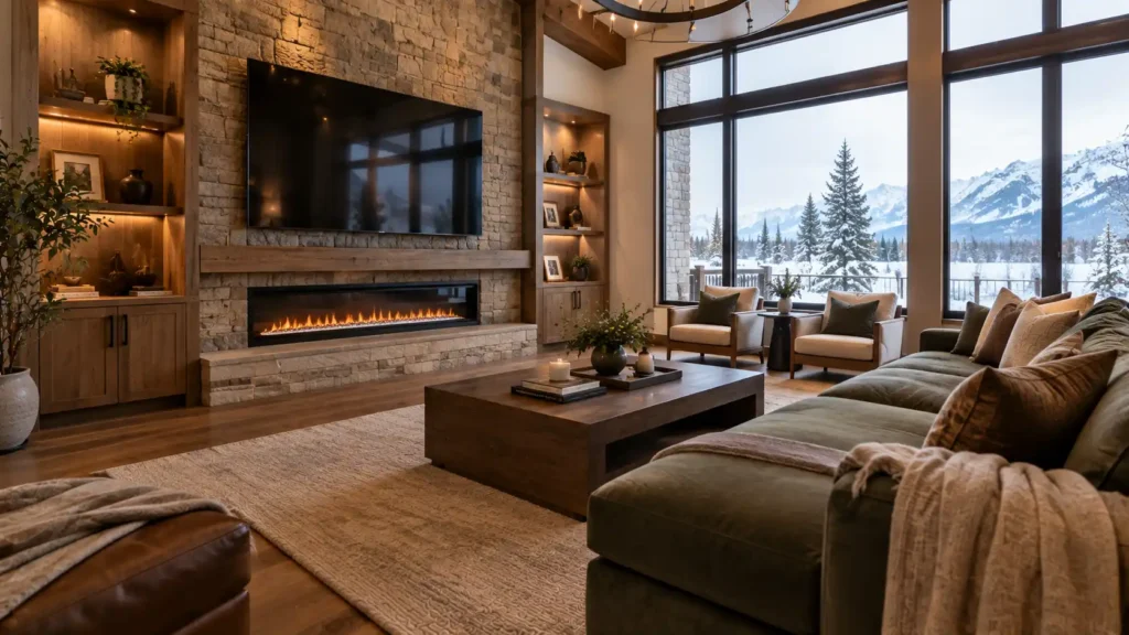 Modern living room with a wall-mounted TV above a linear fireplace and stone wall