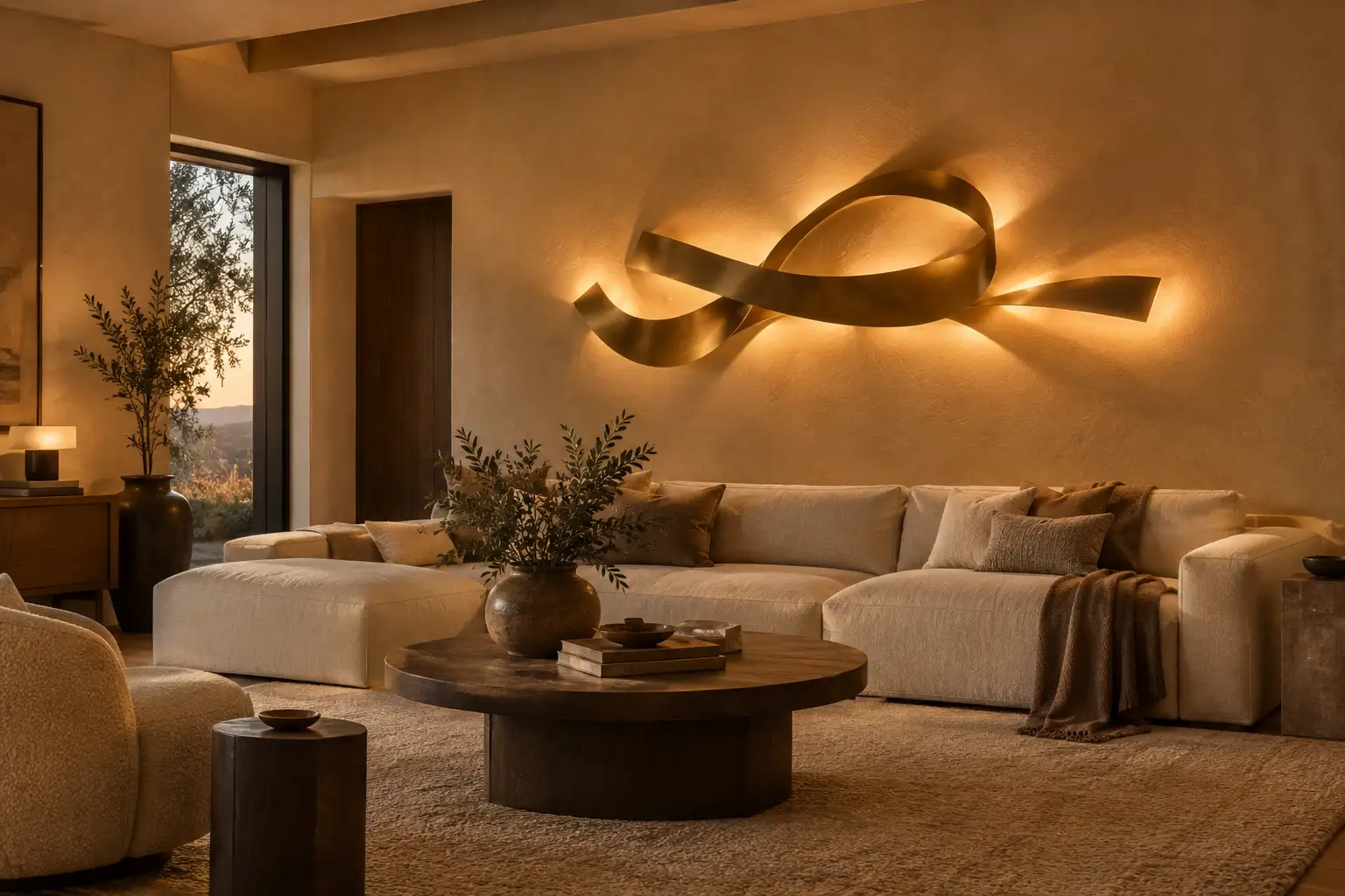 Oversized brass sculptural wall art light fixture mounted on a warm beige plaster wall
