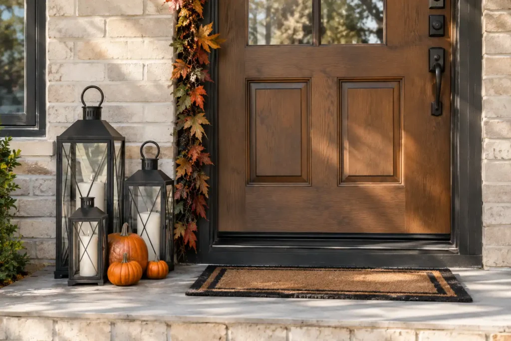 Halloween lanterns and pumpkins decorating a small front porch