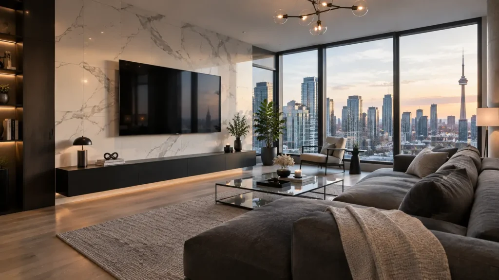 Contemporary living room with a marble-look TV feature wall and floating co
