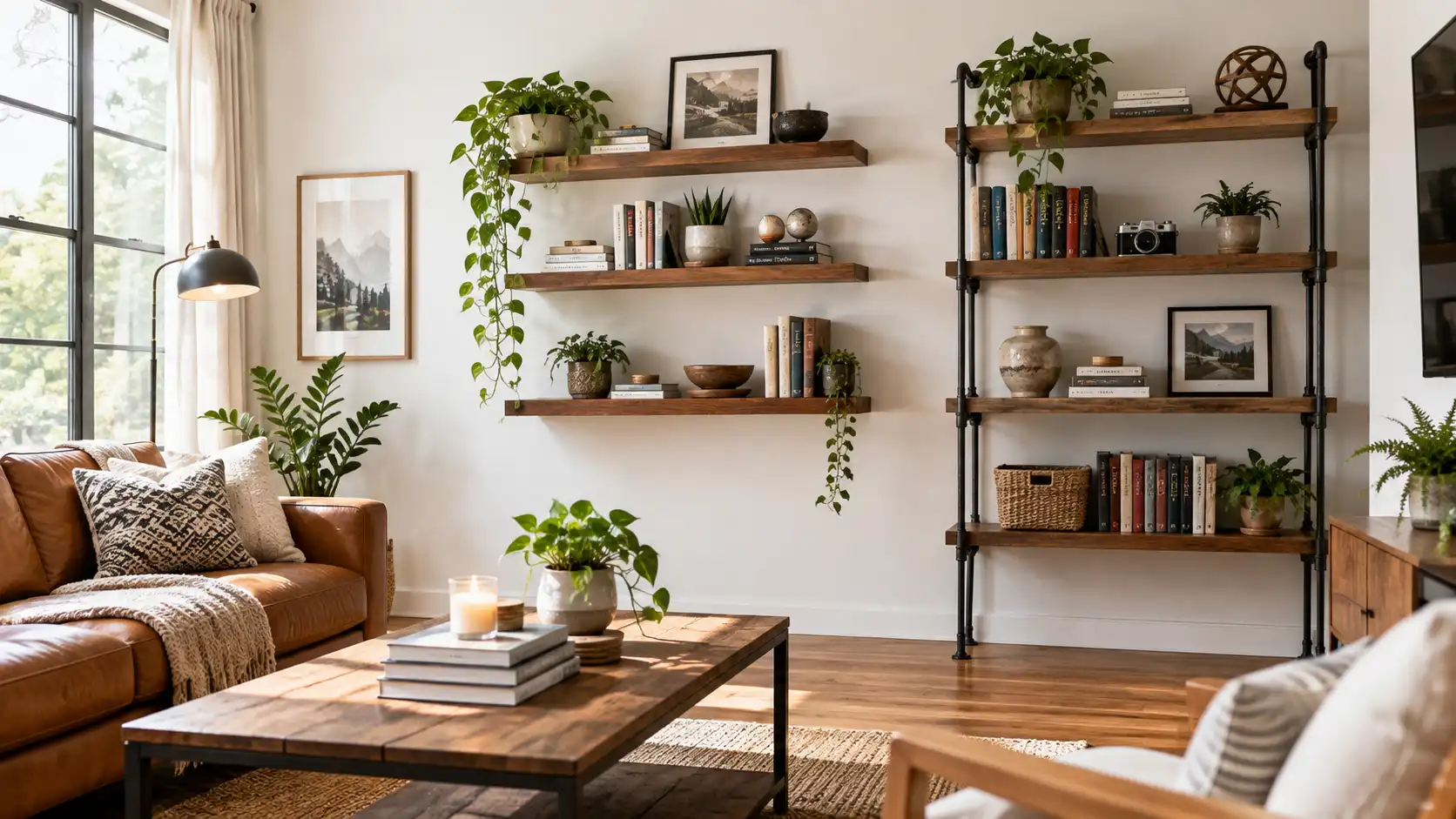 A modern living room wall featuring custom DIY shelf ideas including a floating walnut shelf and an industrial pipe bookshelf.