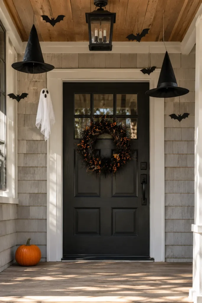 Hanging Halloween bats and witch hats on a small front porch