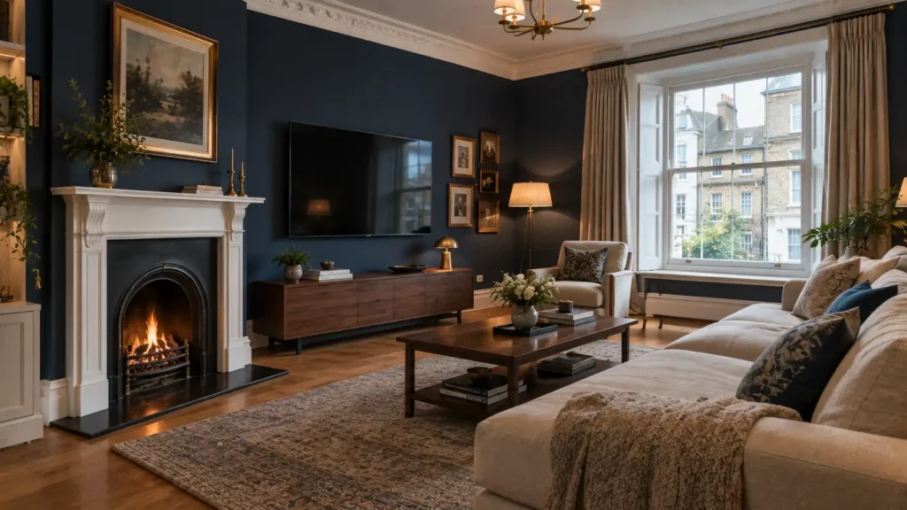 Traditional living room with a dark blue TV accent wall and wooden console