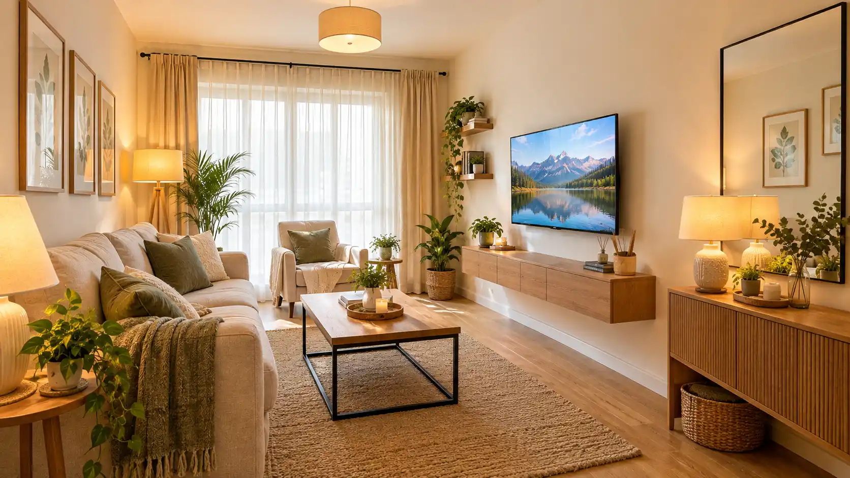 A bright, airy small living room featuring a wall-mounted TV, tall sheer curtains, a large wall mirror, and layered lamps.