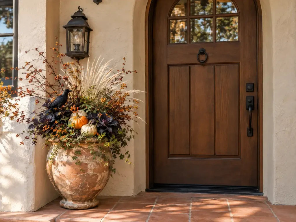 Halloween planter with pumpkins and autumn foliage on a small front porch