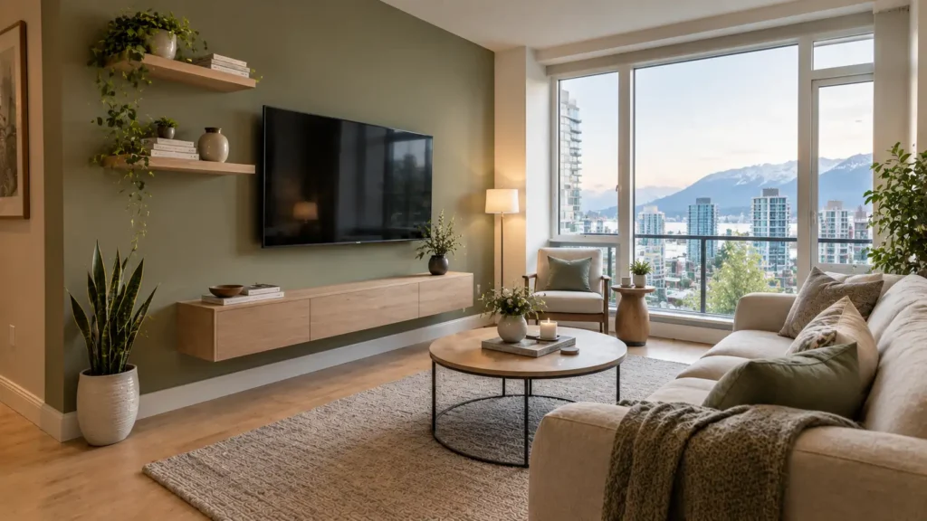 Small living room with a floating TV console and open wood shelves