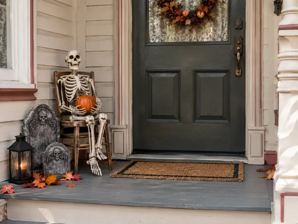 Mini haunted Halloween scene with a skeleton on a small front porch