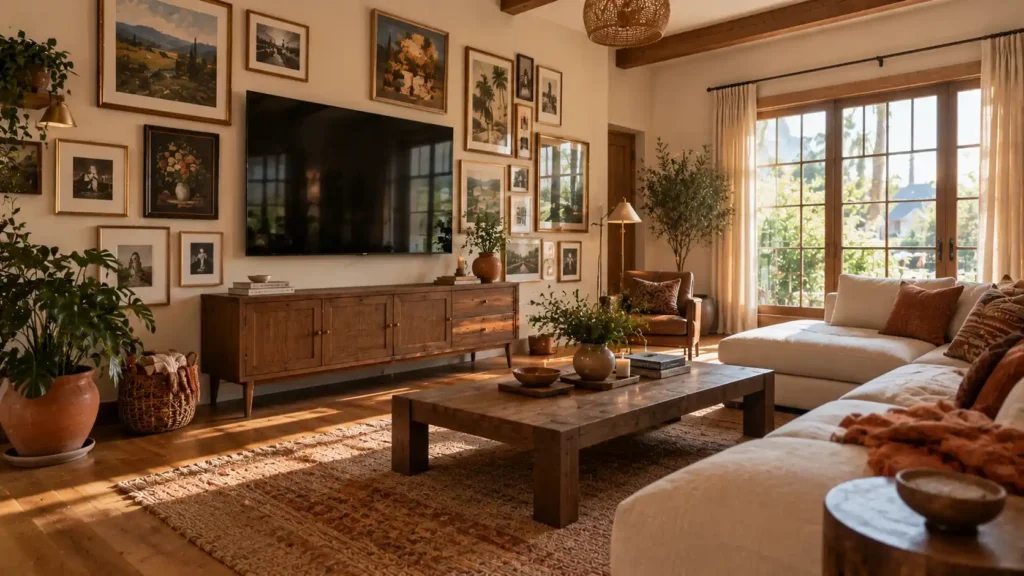 Eclectic living room with a TV surrounded by framed artwork and gallery wall decor