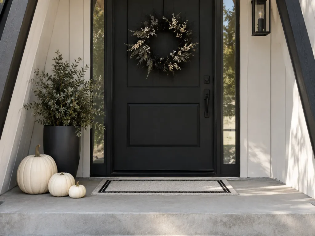 Minimalist black and white Halloween decor on a small front porch