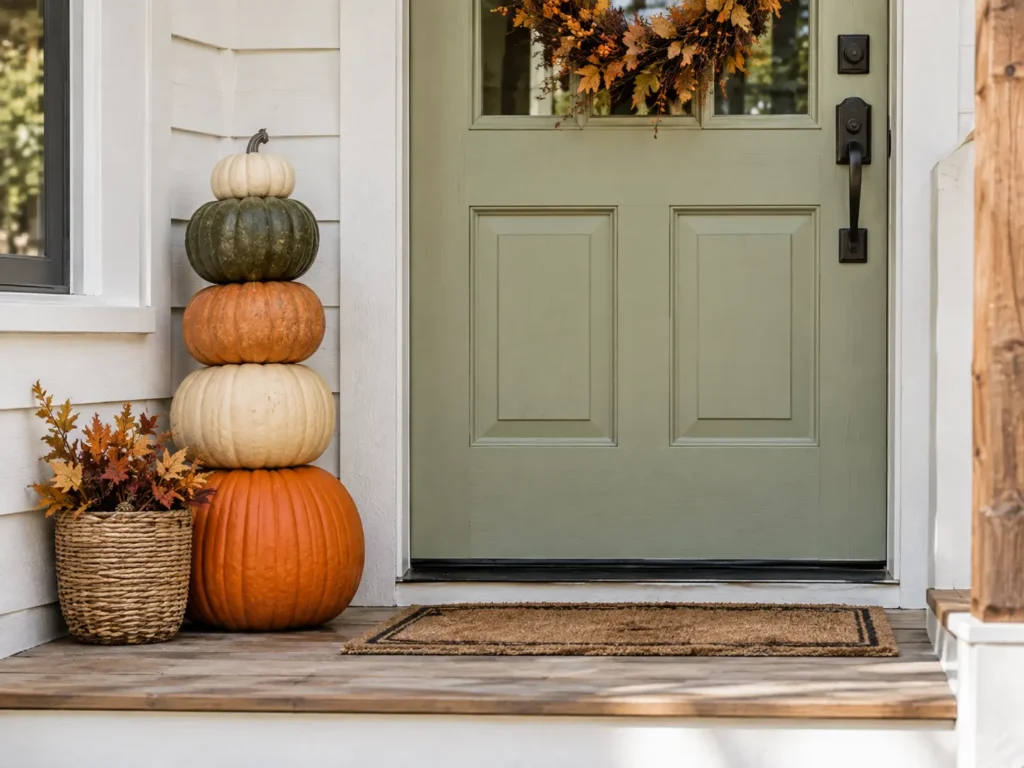 Stacked pumpkins decorating a small front porch for Halloween