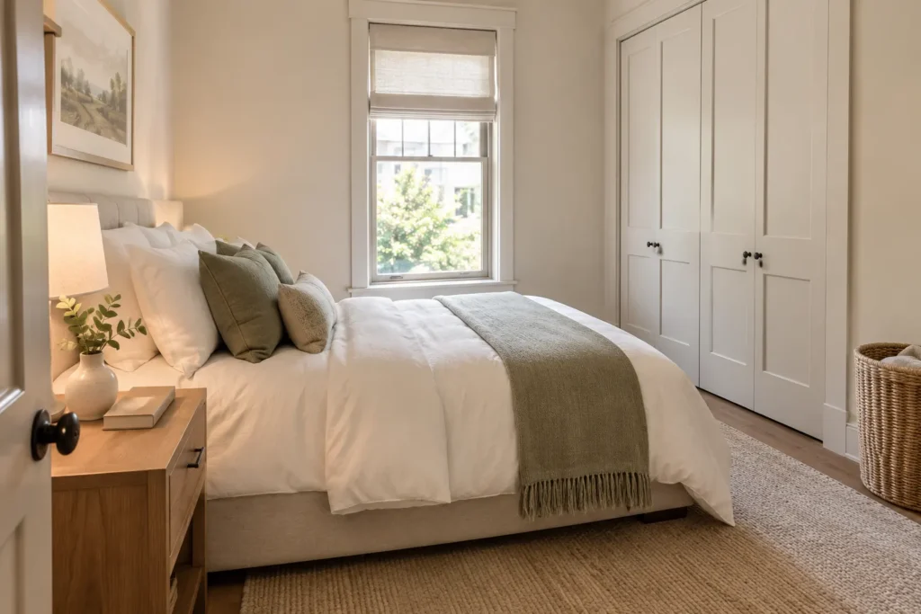 Tidy modern townhouse bedroom with sage-green accents, an uncluttered bedside table, and organized storage.