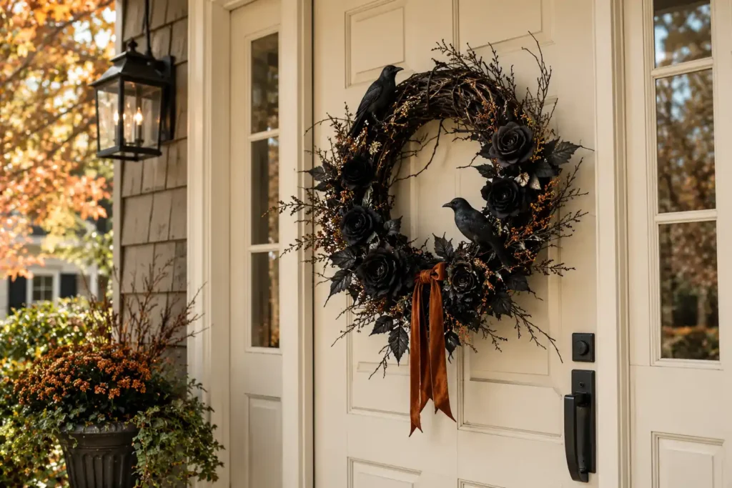 Black grapevine wreath decorated with faux roses and ravens on a cream American front door.