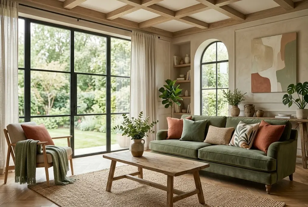 Apartment living room with a cream sofa, sage-green cushions, terracotta accents, and warm wood furniture.