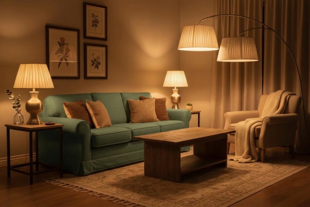 Warm layered lighting in a cozy living room with a floor lamp, table lamp and shelf lamp glowing by a cream sofa