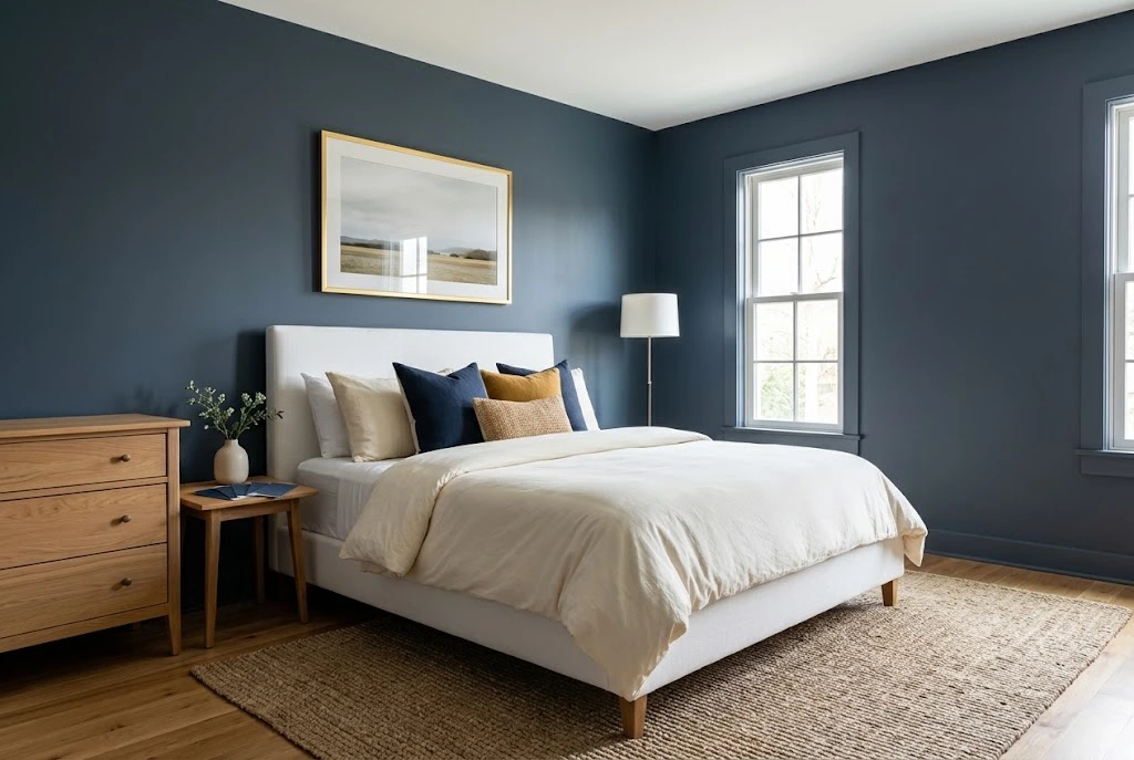 Navy blue bedroom walls with white bedding, oak furniture, and navy paint samples