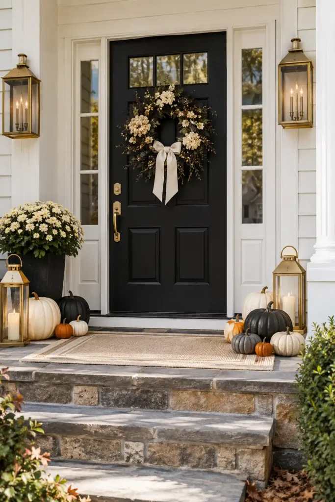 Sophisticated Halloween porch with matte black, ivory, and gold pumpkins and lanterns