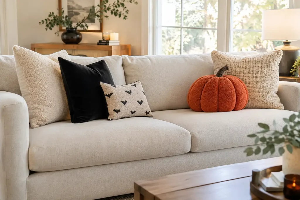 Halloween couch with layered cream, black, burnt orange, and neutral throw pillows in a modern living room