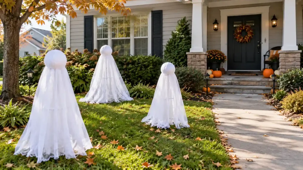 DIY tomato cage ghost Halloween decoration in a suburban yard
