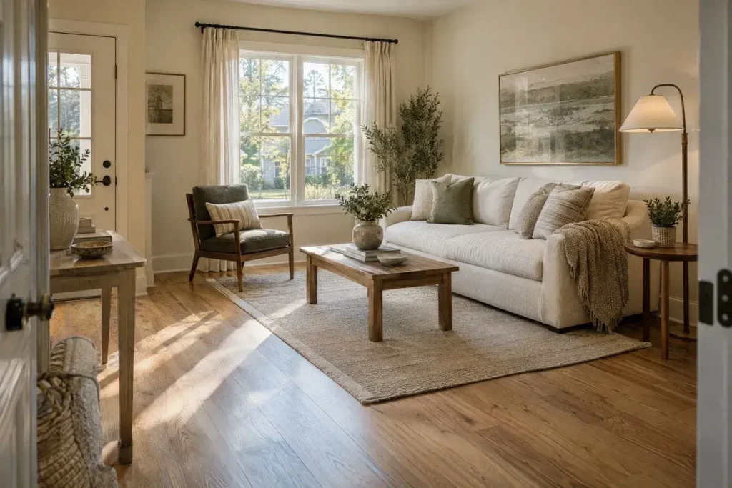 Small living room with a cream sofa, compact coffee table, and clear walking paths.