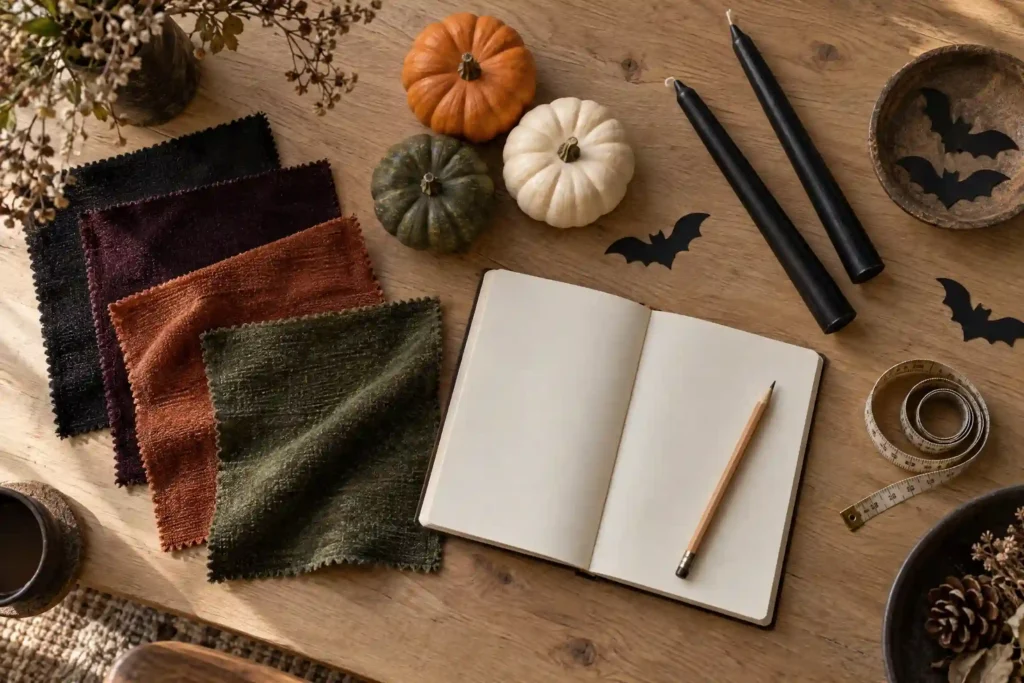 Halloween home decor planning flat lay with color swatches, candles, and mini pumpkins