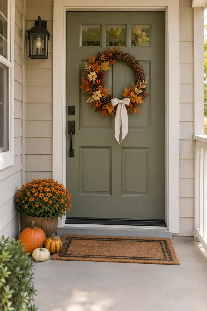 Small porch with a DIY fall wreath, pumpkins, and mum beside the front door